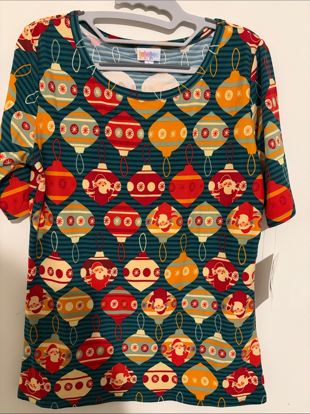 LuLaRoe Gigi Teal Striped Holiday Ornament Print Top